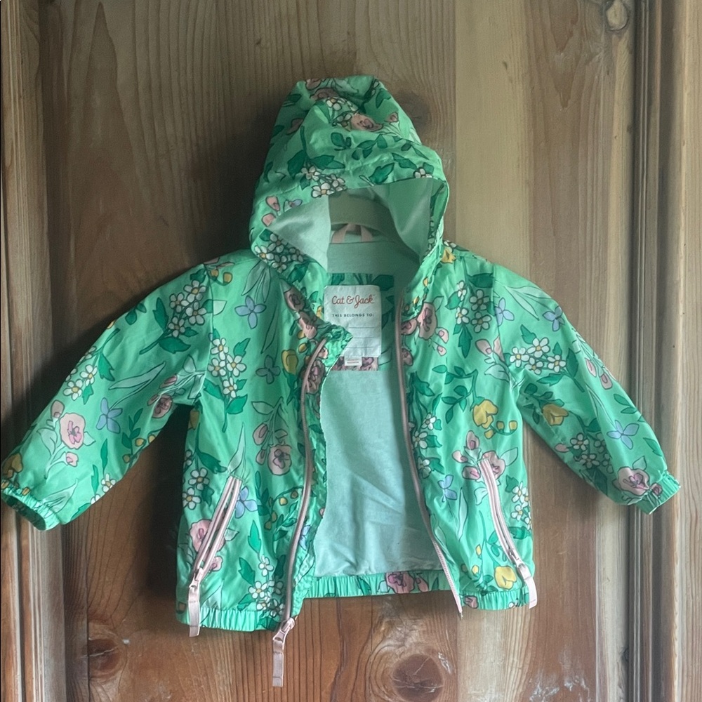 Cat & Jack Green Floral Hooded Rain Jacket